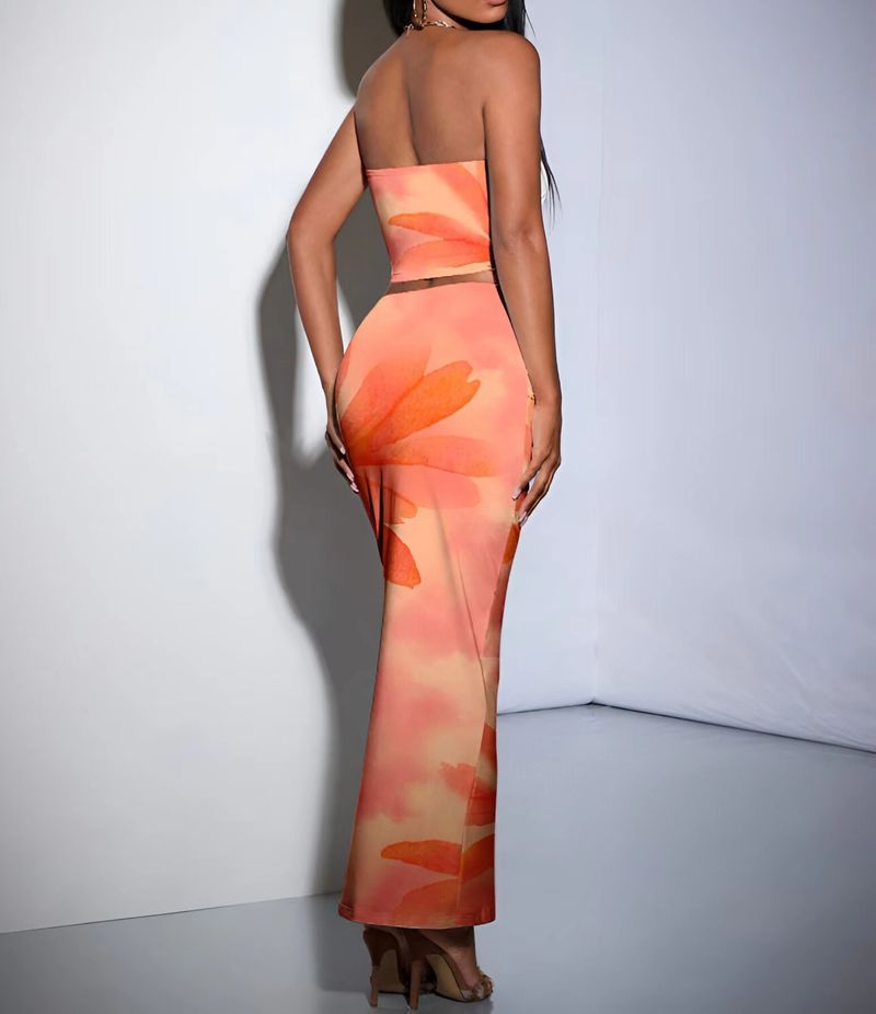 Dameskleding Mode Bloemenprint Multi Color Temperament Slim Fit Tube Top Heup Lange Rok Pak_voghion.com