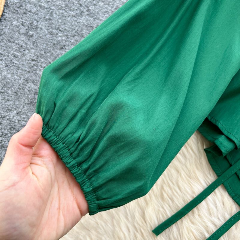 Abbigliamento da donna, abito da temperamento tinta unita, camicia con maniche a sbuffo primaverile da donna + gonna lunga sottile con elastico in vita_voghion.com