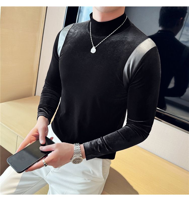 Abbigliamento maschile T-shirt a maniche lunghe elastica con collo alto e mezza pelle testurizzata da uomo, sottile, in velluto, con colletto medio, aderente, abiti autunnali_voghion.com