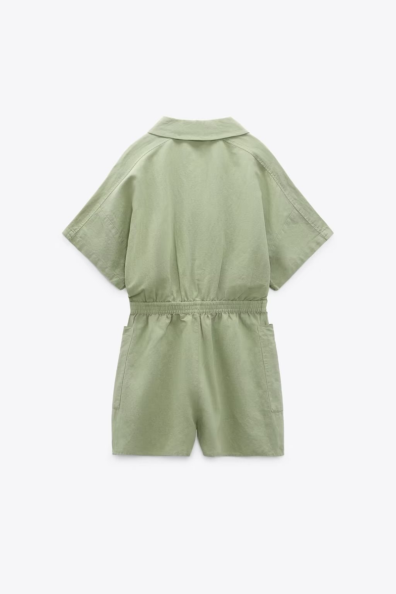 Women's Clothing Summer New Lapel Loose Waist Linen Blended Striped Short Jumpsuit_voghion.com