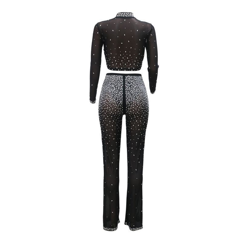 Abbigliamento da donna, abito da donna in due pezzi trasparente con diamanti caldi, top alla moda a maniche lunghe con scollo tondo e pantaloni slim_voghion.com
