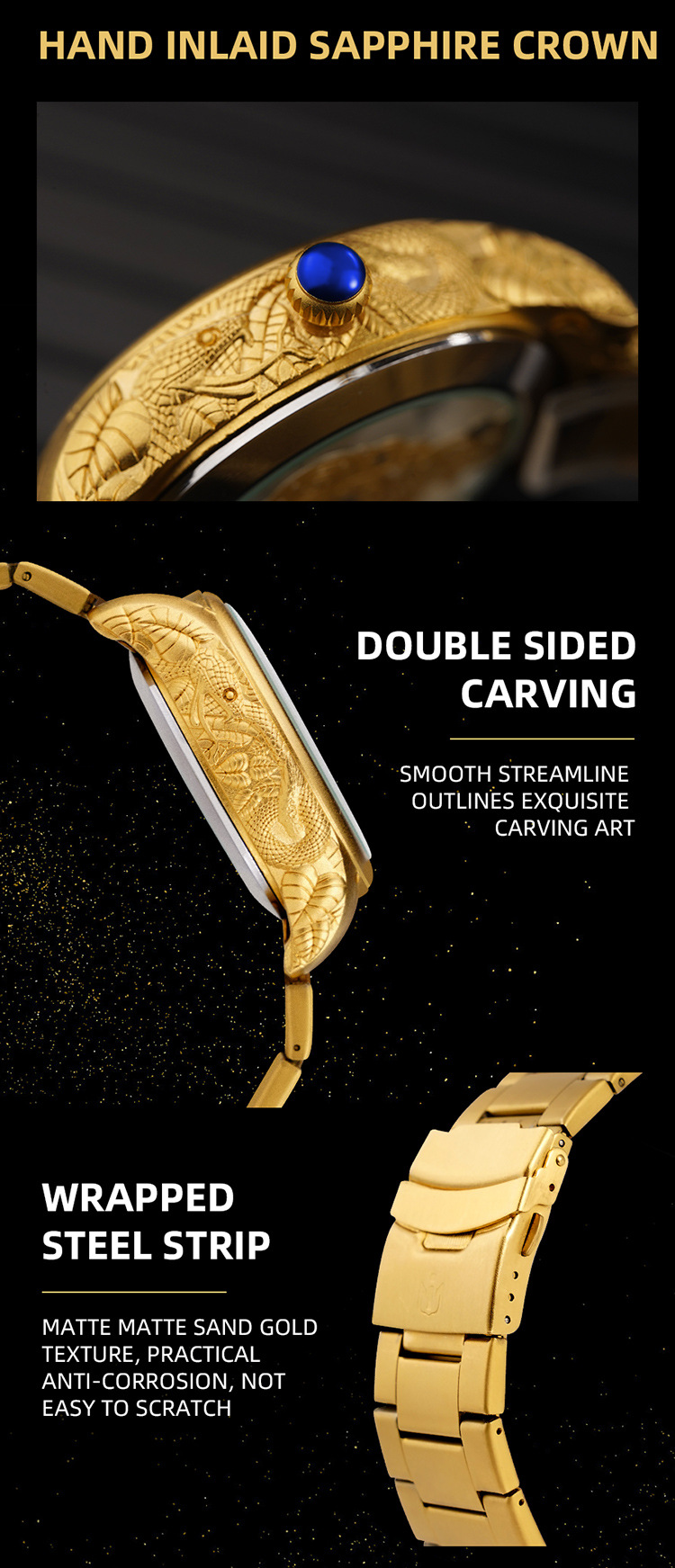 Geprägte Golduhr Quarz Herrenuhr Mode Business Doppelseitige hohle Herrenuhr Leuchtendes wasserdichtes Stahlband 6048_voghion.com