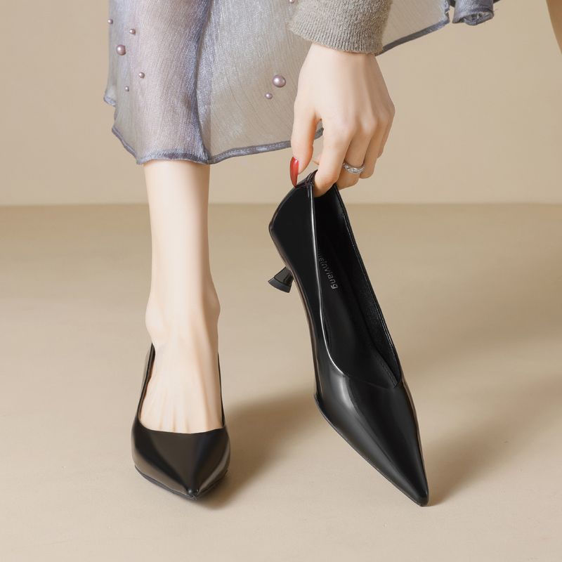 Suede Pointed Single Shoes Women's Stiletto Black Commuter Work Shoes Cat Heel Shallow High Heels_voghion.com