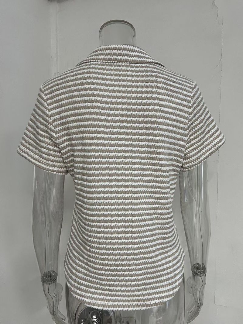 Maglietta a righe semplice da donna, estiva, comoda, ampia, con colletto polo, lavorata a maglia con scollo a V profondo_voghion.com