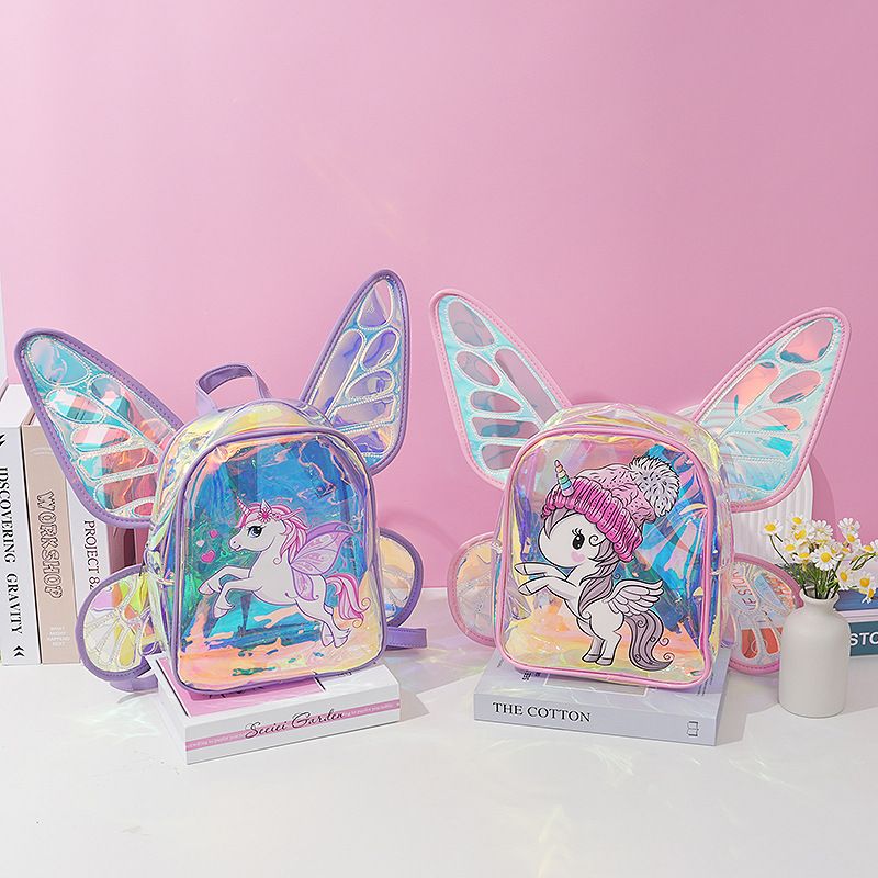 New Fashion Laser Butterfly Wings Back Decor Children's Backpack Cute Unicorn Transparent TPU Fashion Backpack_voghion.com