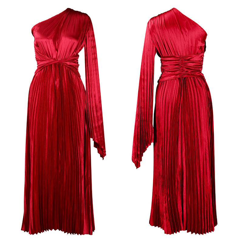 women's clothing new one-shoulder pleated long skirt oblique collar waist dress _voghion.com