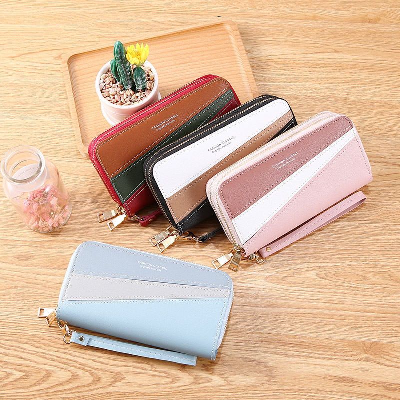 Nueva cartera con doble cremallera para mujer, larga, estilo coreano, con costuras en contraste de color, gran capacidad, doble capa, cartera para teléfono móvil_voghion.com