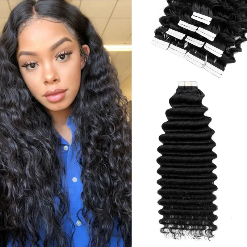 Extensiones de cabello humano Remy con cinta adhesiva de ondas profundas_voghion.com