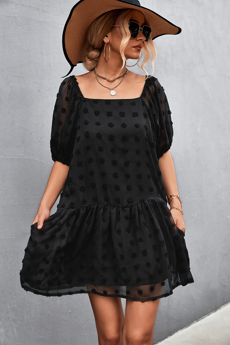 Spring/Summer 2023 New Lantern Sleeve Jacquard Ball Square Neck Pocket Dress_voghion.com
