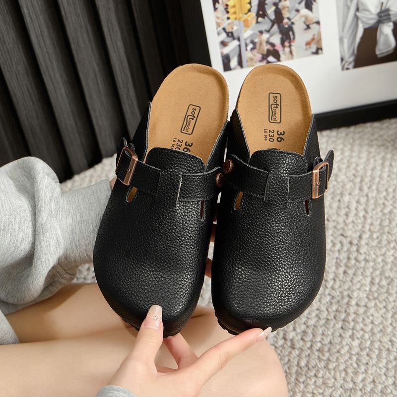 Black Women's Genuine Leather, Cowhide Thick Soled Slippers, Flat Bottomed Fishing Boken Shoes, Summer Outerwear, Toe_voghion.com