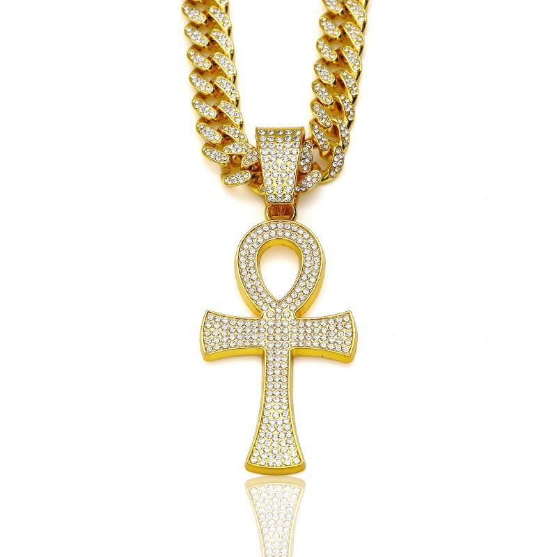 Men's Horus Eye Ankh Cross Necklace & Hip Hop Cuban Link Chain With Double Layer Full Diamonds & Matching Quartz Watch Set - Gold/Silver_voghion.com