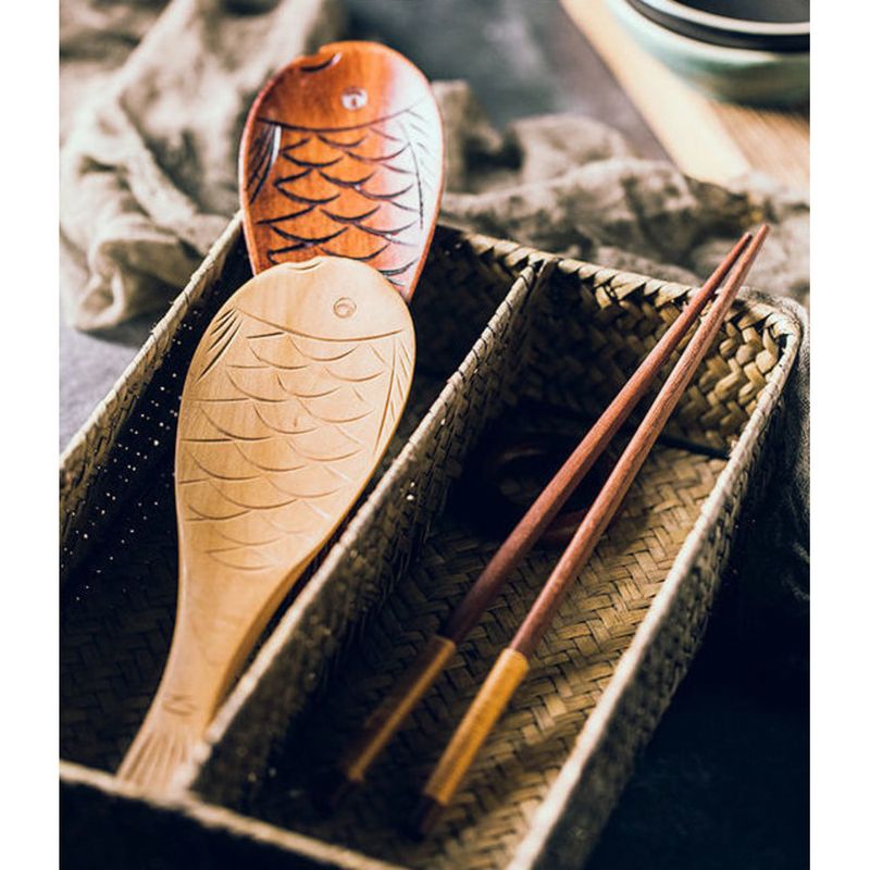 Cucchiaio di legno di alta qualità a forma di pesce, in legno massello, antiaderente naturale, in stile giapponese, per la cucina domestica_voghion.com