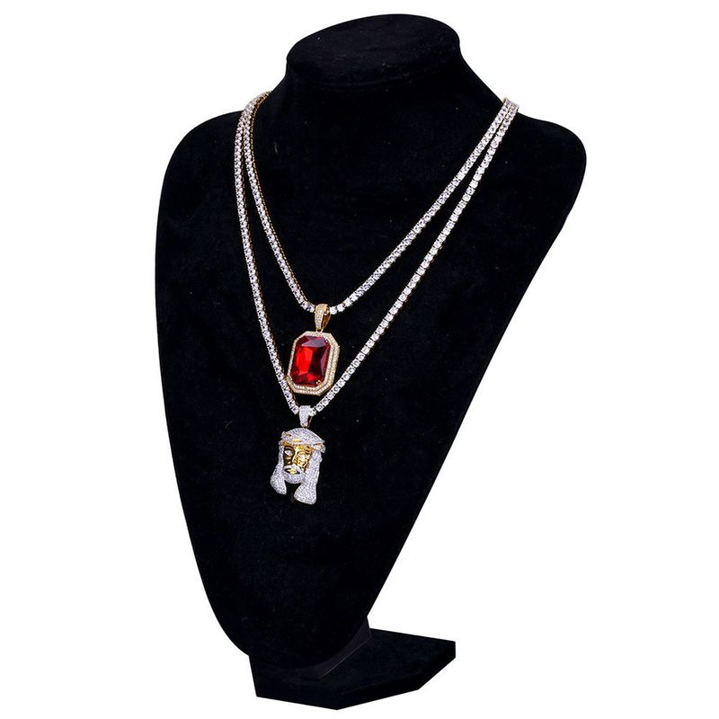 Necklaces New Micro Inlaid Pendant Chain Head Portrait And Ruby Hiphop Hip Hop Necklace Combination Set_voghion.com