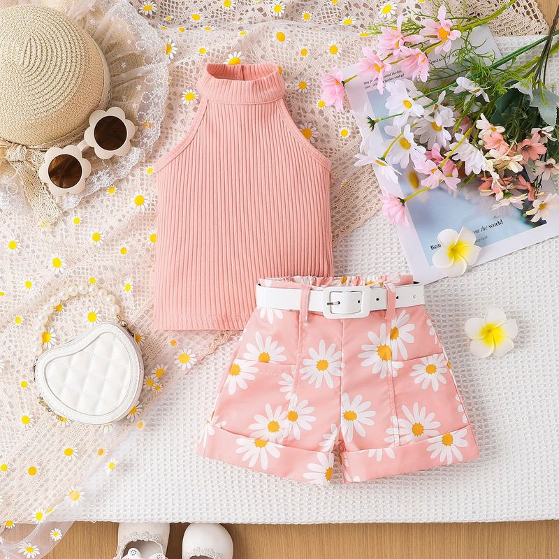 Kannerkleeder Nei Summer Meedercher Kostümer Kleng a Mëttel Kanner Einfarweg Halter Neck Top + Bedruckte Shorts + Rimm_voghion.com