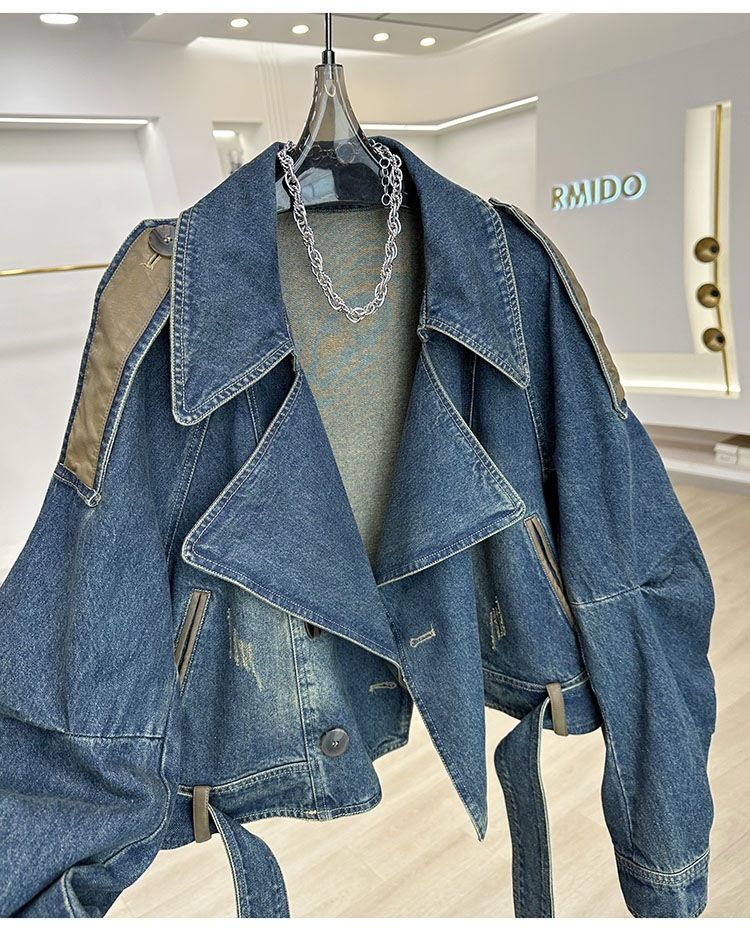 Women's Clothing Leather Denim Short Jacket Vintage Distressed Denim Jacket Women's Casual Oversized Short Coat With Patchwork Design, Retro Blue_voghion.com