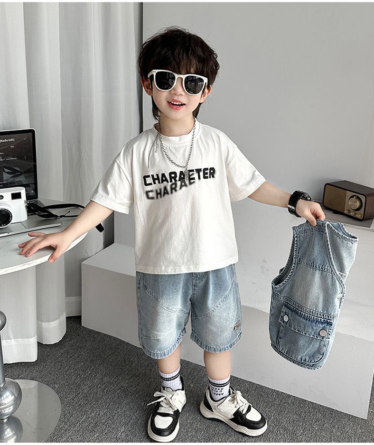 Ropa para niños Chaleco vaquero de verano Traje de tres piezas Nuevo estilo de verano para niños Traje de moda de celebridades de Internet Ropa y pantalones de moda_voghion.com
