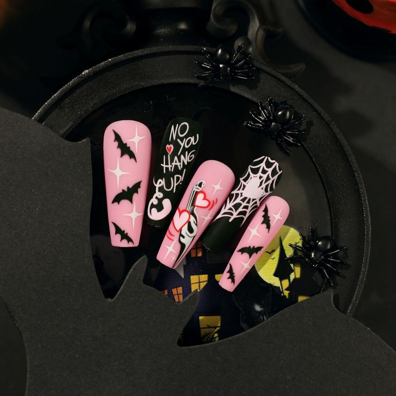 Wearing Armor Black Powder Matte Halloween Love Spider Web Bat Ghost Nail Enhancement Piece Finished Product Detachable_voghion.com