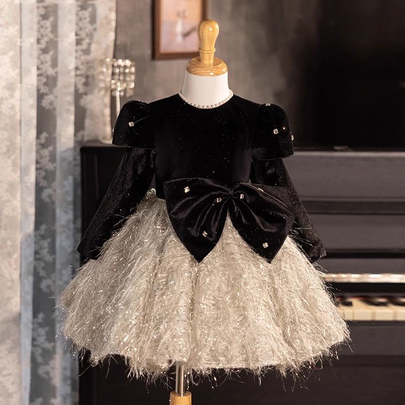 Elegante abito da principessa nero a maniche lunghe per ragazze: abito formale di lusso per recital di pianoforte, feste di compleanno e concorsi._voghion.com