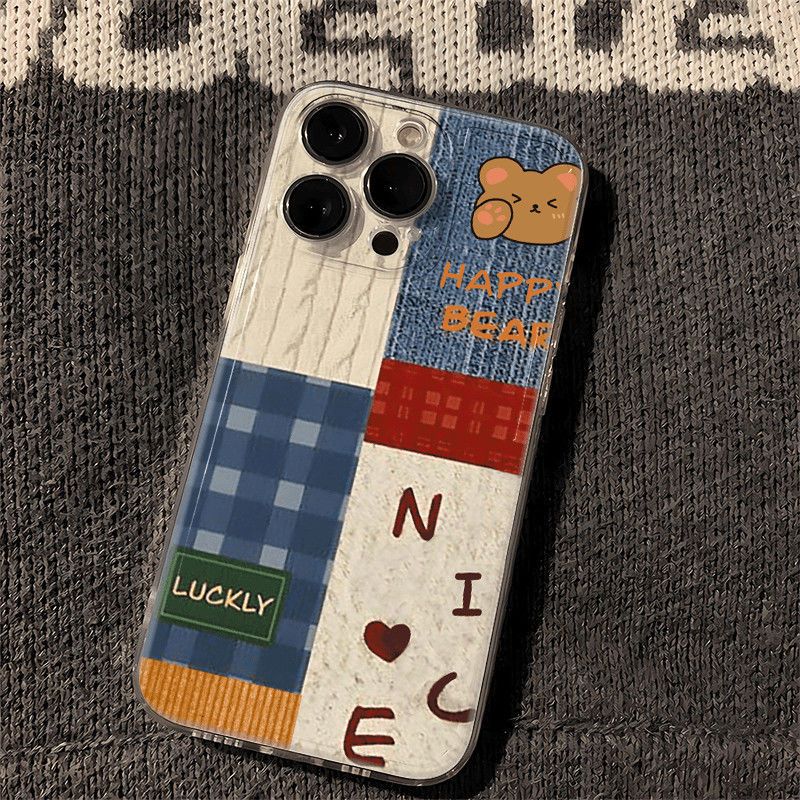 Custodia a forma di orso a scacchi blu TechGlobe per iPhone 15 Pro Max 16, nuovo modello 14/13/12, trasparente e morbida_voghion.com