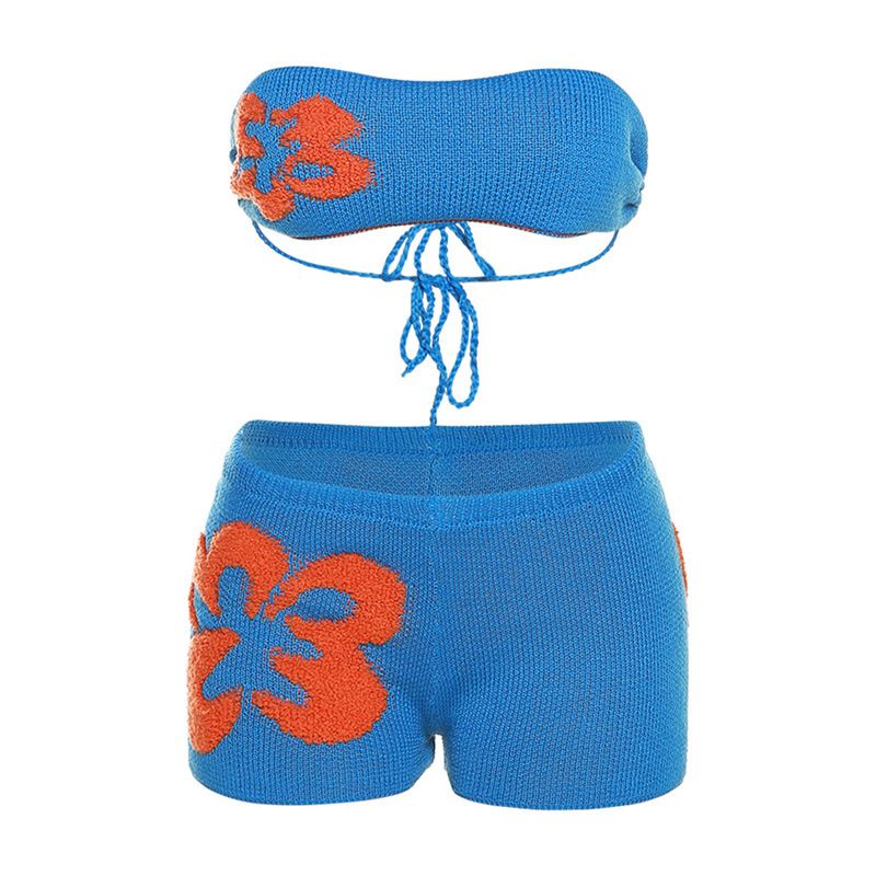 Verve 2024 Summer New Style Women's Low Neck Knitted Color Block Tube Top Slim Fit Casual Shorts Set_voghion.com