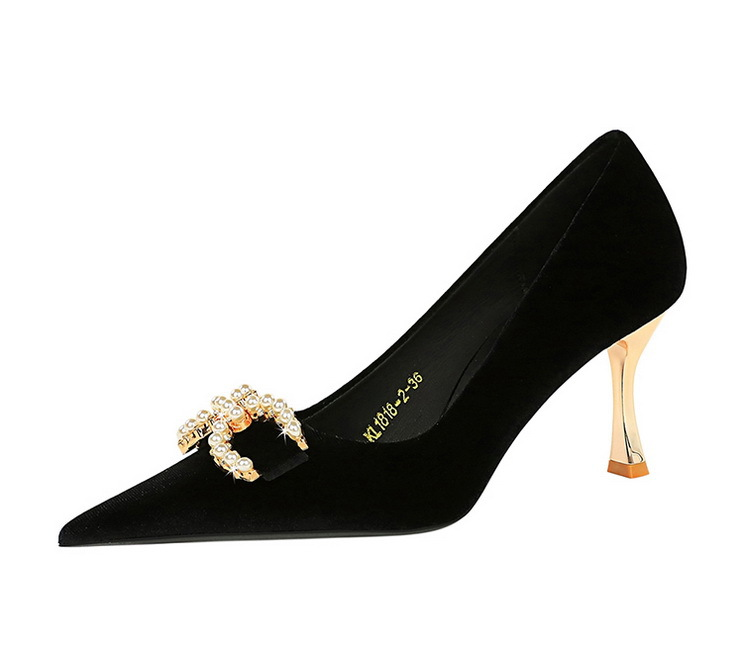 1818-K79 Scarpe col tacco alto da banchetto Edizione coreana Donna Xishi Pelle scamosciata Bocca bassa Punta in metallo Perla Fibbia con diamante d'acqua_voghion.com