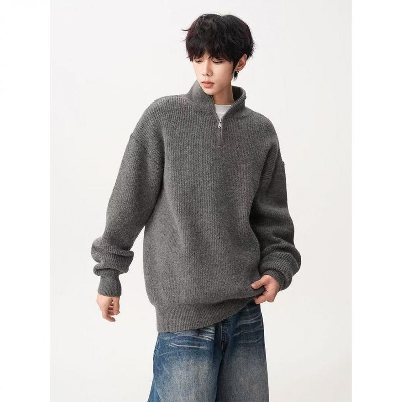 Half Zip Stand Up Collar Sweater For Men, Loose And Simple Knit Sweater, Solid Color Pullover_voghion.com