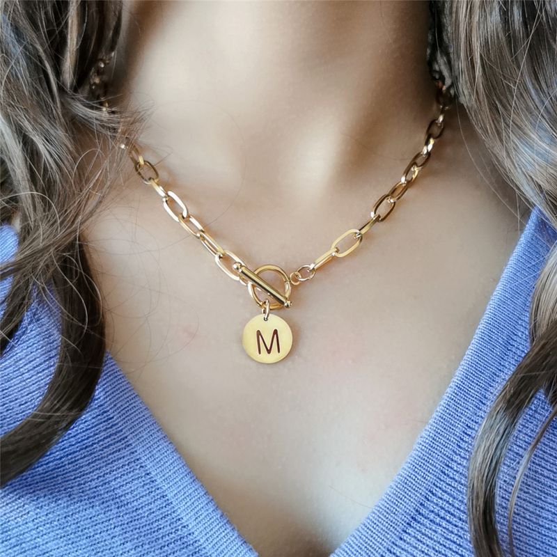 Hot Sales Stainless Steel Paper Clip Link Chain Customize Letter Initial Alphabet Pendant Necklace For Women Toggle Choker Name_voghion.com