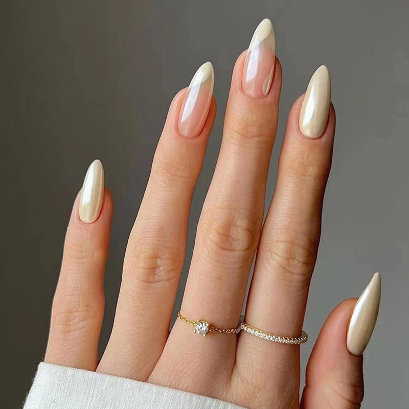 Simple 24Pcs Glitter Pink False with Jelly Glue Round Head Almond Fake Manicure Wearable Full Cover Press on_voghion.com