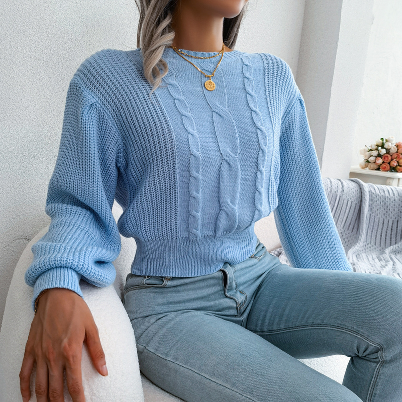 Maglione lavorato a maglia con maniche a lanterna intrecciate, stile casual, autunno inverno, da donna_voghion.com