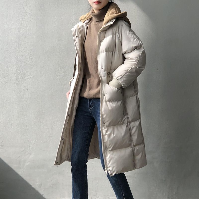Gestrickte Daunenmütze mit Kapuze für Damen im Winter, mittellange neue koreanische Version, lockere und dicke warme Baumwolljacke_voghion.com