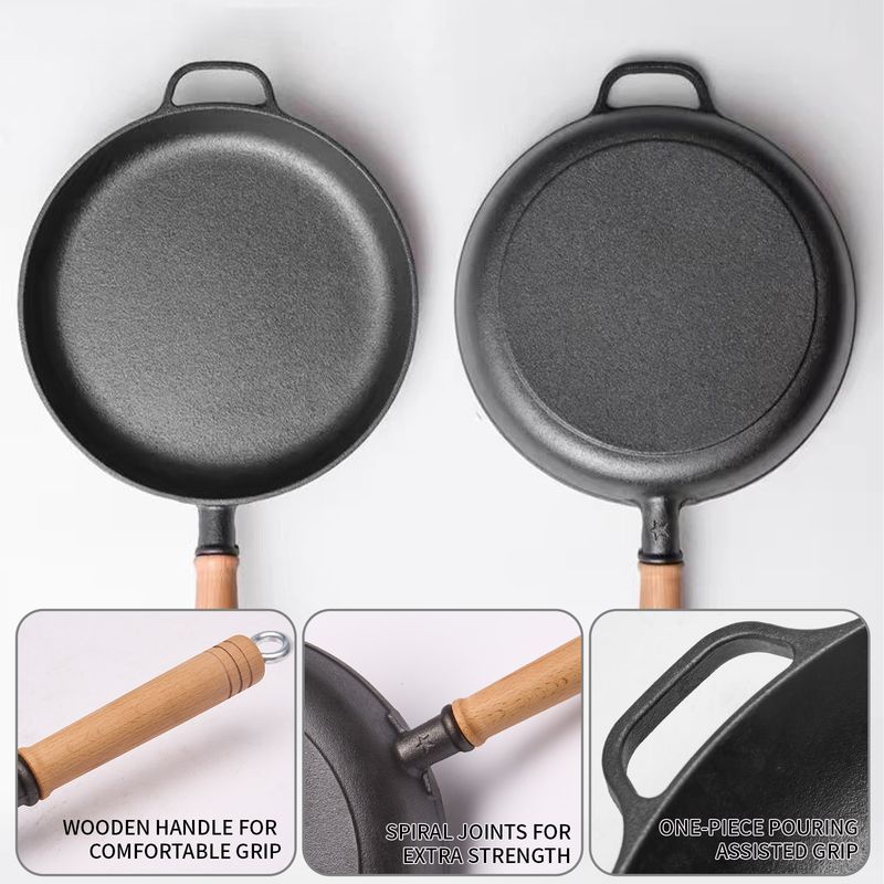 WANGYUANJI 11"Cast Iron Frying Pan, Non-stick Pan, Uncoated Pancake Skillet, Steak Frying Pan, With Wooden Handle, Household For All Stove, Free Steel Wire Ball_voghion.com