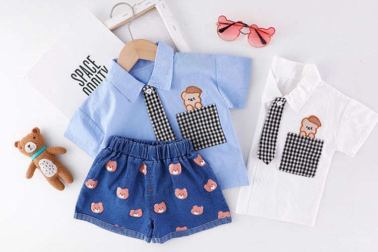 3 Set due pezzi a maniche corte a quadri con cartoni animati per bambini Estate 4 Abbigliamento per ragazzi 1 Tendenza alla moda per bambini da 1 a 2 anni_voghion.com