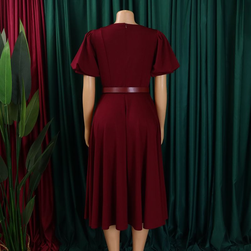 Abito da donna con scollo rotondo, temperamento, elegante, vita ampia, manica a sbuffo, gonna a trapezio_voghion.com