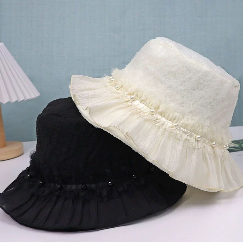 Pearl Mesh Pleated Fungus Edge Hat Women's Wide-brimmed Bucket Hat Outing Basin Hat Summer Breathable Sun Hat_voghion.com
