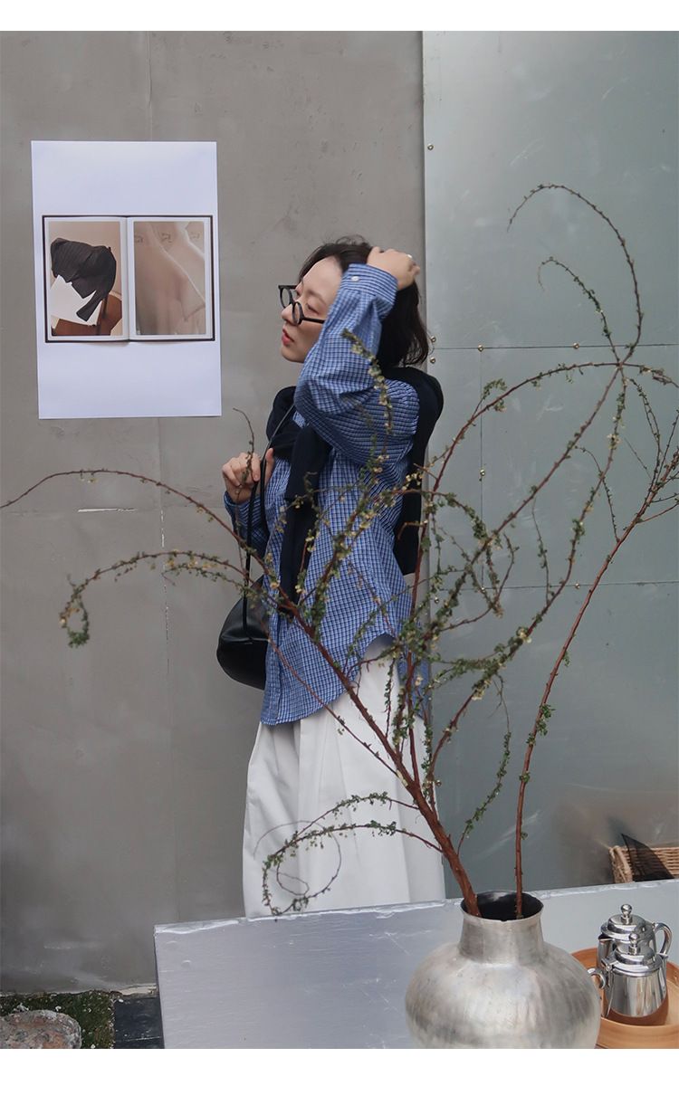 Shijian Intellectuals Miu Series Πουκάμισο με Πλατφόρμα και Σχέδιο, Απλό, Χαλαρό Σιλουέτα, Μακρυμάνικο Μπλούζα, Μοντέρνο 00159_voghion.com