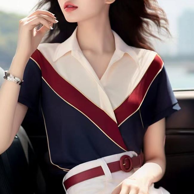 French Western unique and exquisite small top, super beautiful color blocked short sleeved slim fit shirt for women's_voghion.com