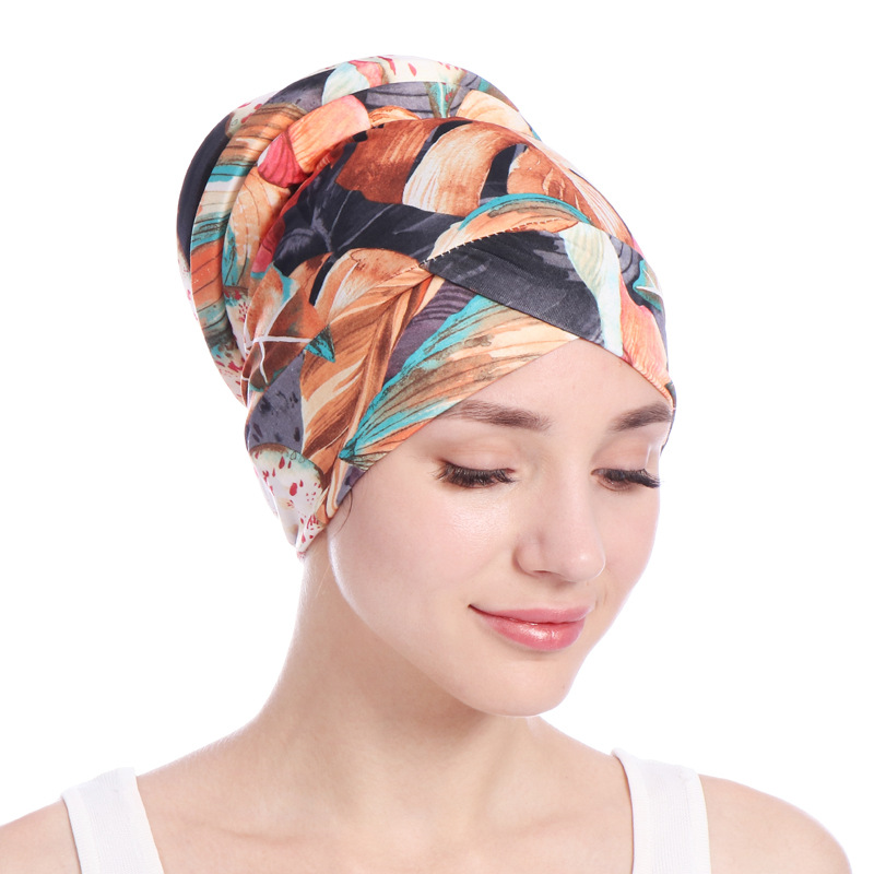 Women's Hats turban hat, leaf cotton chemotherapy cap, back hair bun cap in stock_voghion.com