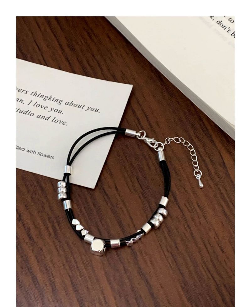 Braccialetto in pelle nera a doppio strato quadrato piccolo, impilabile, design di nicchia, personalità, stile minimalista, gioielli da polso_voghion.com