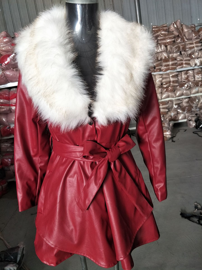Damesbontjas imitatie vossenbontkraag lange bontjas slank plus katoen mode PU lederen jas_voghion.com