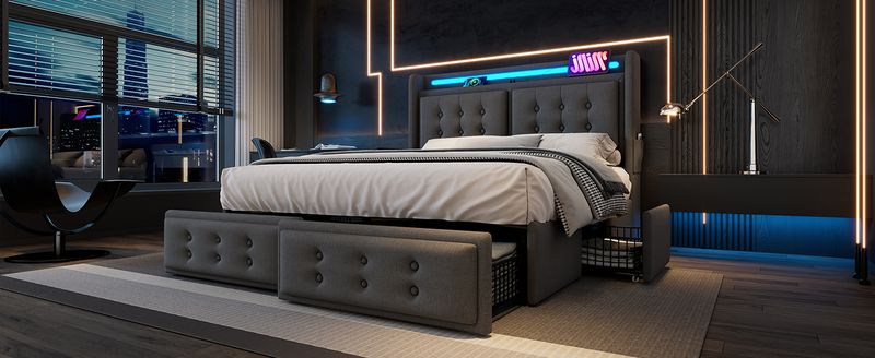 Lit double 140 x 200 cm avec tête de lit LED, chargement USB-C, 4 tiroirs, cadre de lit avec lattes en bois et structure en métal, charge maximale 300 kg, gris, tissu coton (matelas inclus)._voghion.com