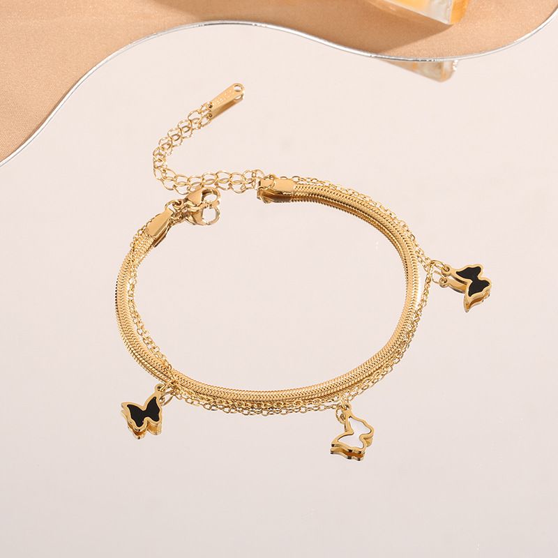 Double Layer Butterfly Snake Bone Chain Bracelet - Japanese & Korean Style Titanium Steel Jewelry (No Fading, Anti-Allergic)_voghion.com