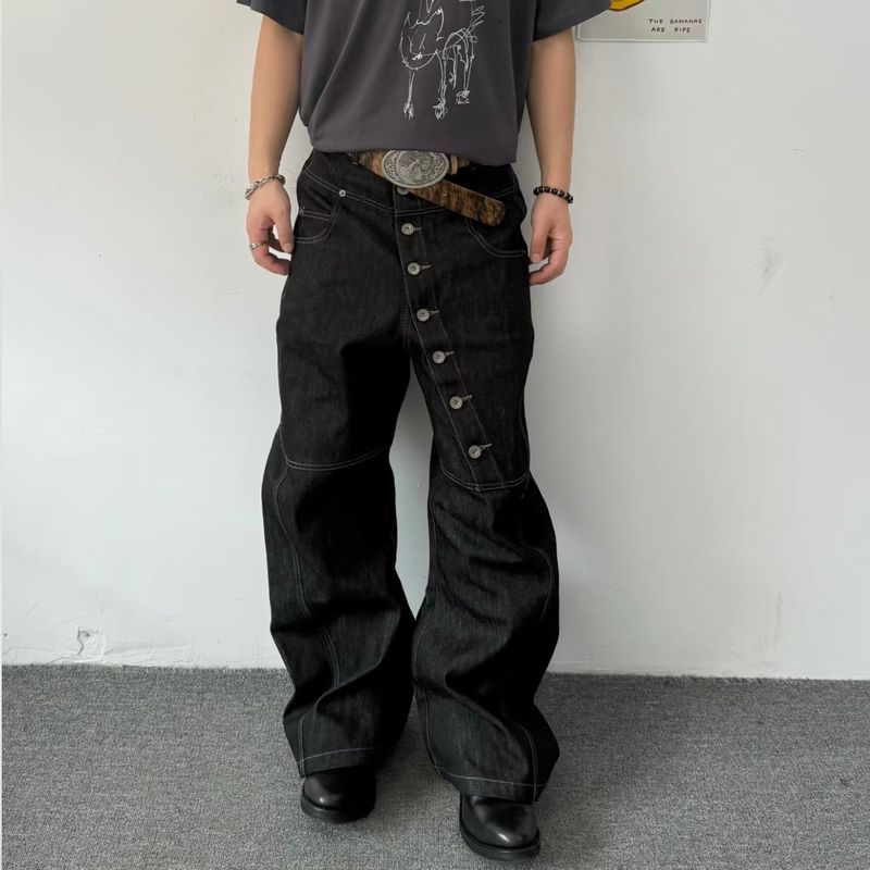 American Style Curved Long Button Design Men, Niche Casual Pants, Loose Wide-Leg Floor-Length Jeans For Men_voghion.com