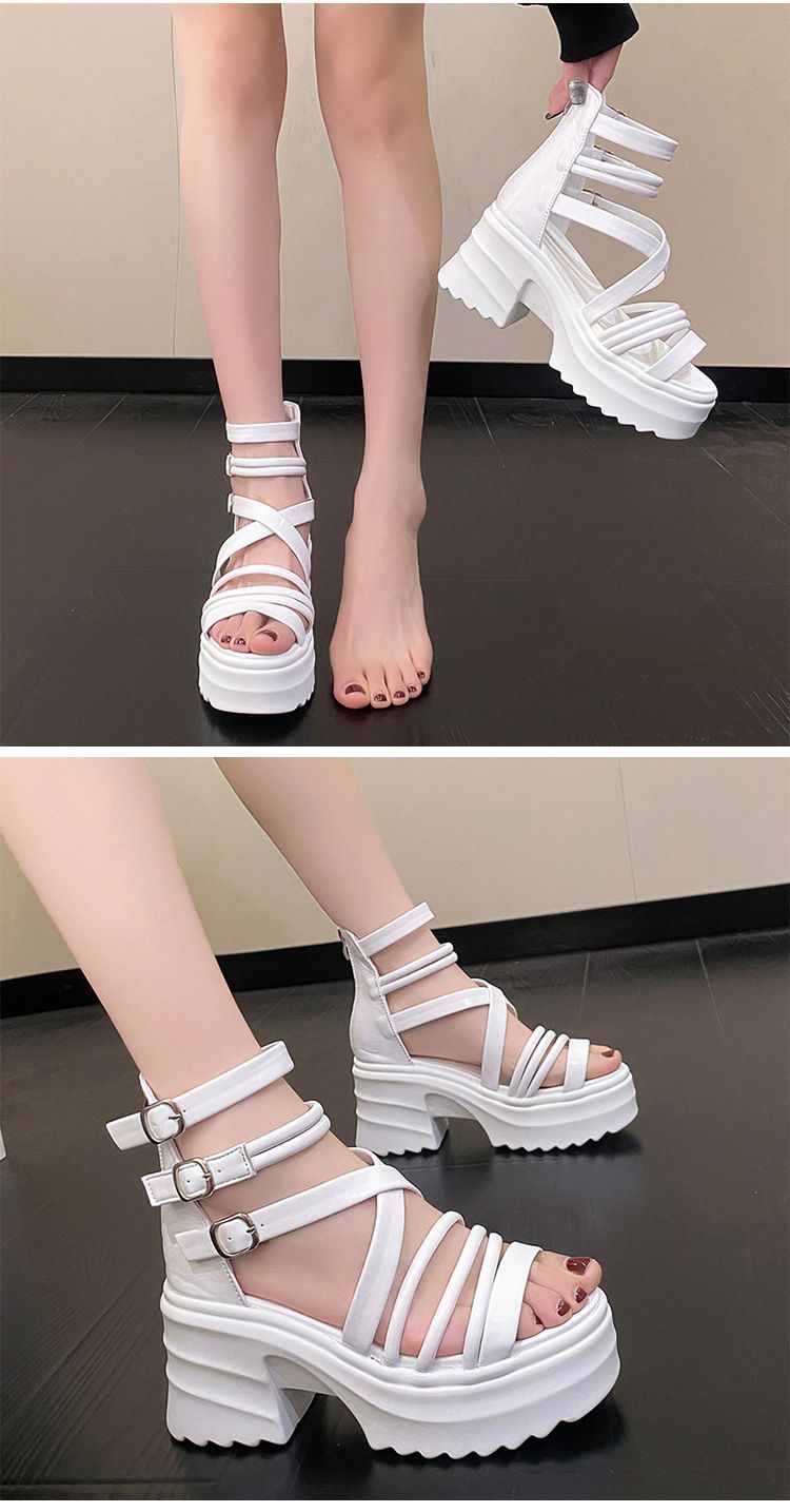 Sandale damă cu toc gros, stil gladiator roman, cu barete și toc înalt, platformă gotică, vârful deschis, pantofi cu cage_voghion.com