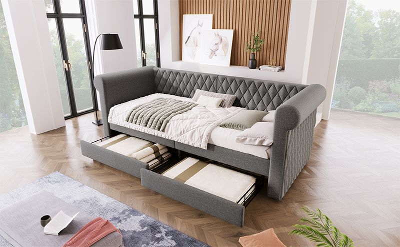 Canapé-lit vintage capitonné 90 x 200 cm, méridienne avec 2 tiroirs de rangement, sommier à lattes en bois, cadre de lit enfant et adolescent, tissu lin, gris (matelas non inclus)_voghion.com