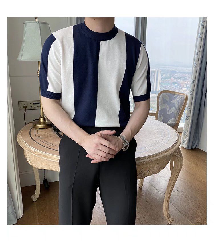 Men's Clothing Fashion New Striped Ice Silk Short Sleeved T Shirt Casual Simple Slim Style Men's Tops Trendy Knitted Sweater_voghion.com