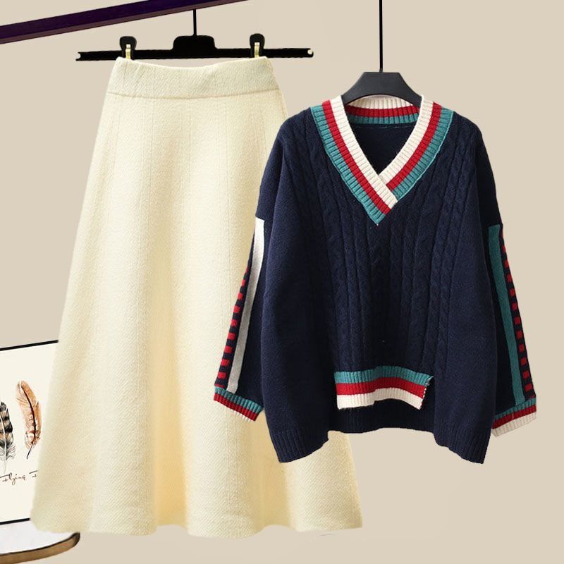 Women's Clothing Large Size Autumn And Winter Suits For Women 2024 New Lazy Loose Western Style Knitted Sweater Women's Slim Skirt Two Piece Suit_voghion.com