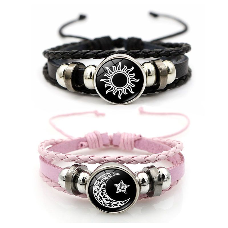 Pulsera tejida de cuero punk multicapa con cuentas para amantes del sol y la luna (2024)_voghion.com