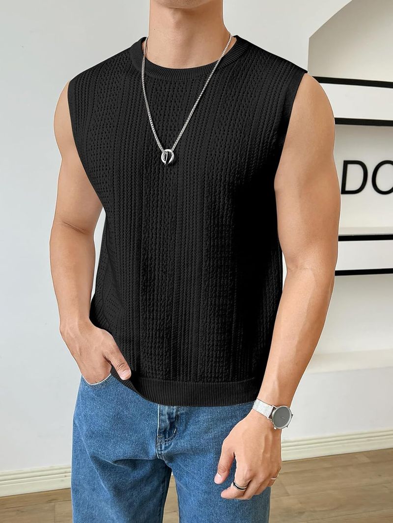 Sommer Herren Neue Einfarbige Strickmode Ärmelloses Top Hohl Atmungsaktiv Rundhals Casual Weste_voghion.com