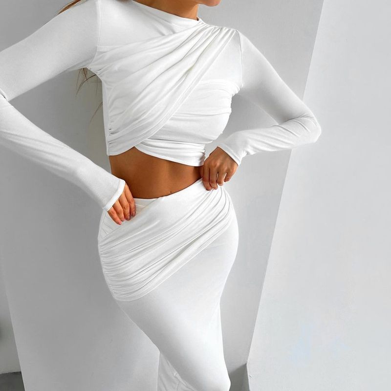 2024 Autunno Inverno Nuova Moda Donna Girocollo Manica Lunga Crop Top Slim Fit Gonna Set Due Pezzi_voghion.com