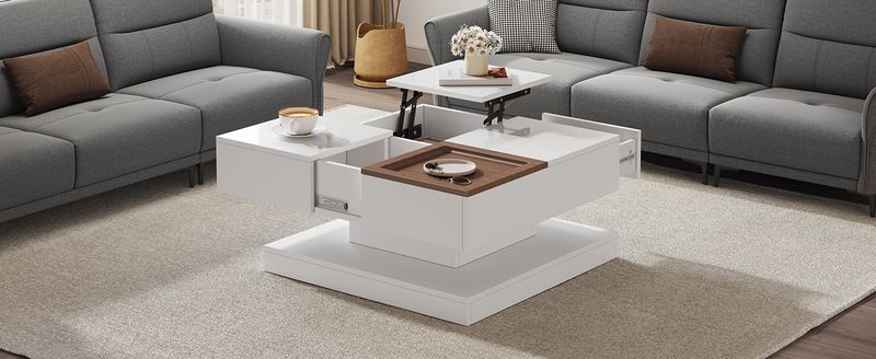 Table basse relevable 75,5 x 75,5 x 38 cm avec 4 compartiments de rangement, table de salon multifonctionnelle blanc brillant et ton bois, table d'appoint avec plateau amovible._voghion.com
